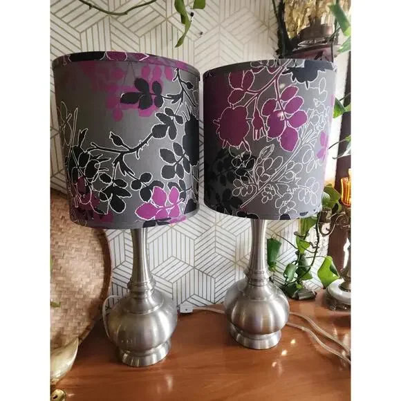 Vintage Early 2000s Brushed Chrome Lamps With Black And Purple Floral Shades - Picture 10 of 11